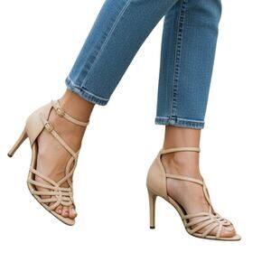 Ann Klein LEATHER 4" Majacquelle Strap Pumps SIZE: 7M PINKISH BEIGE